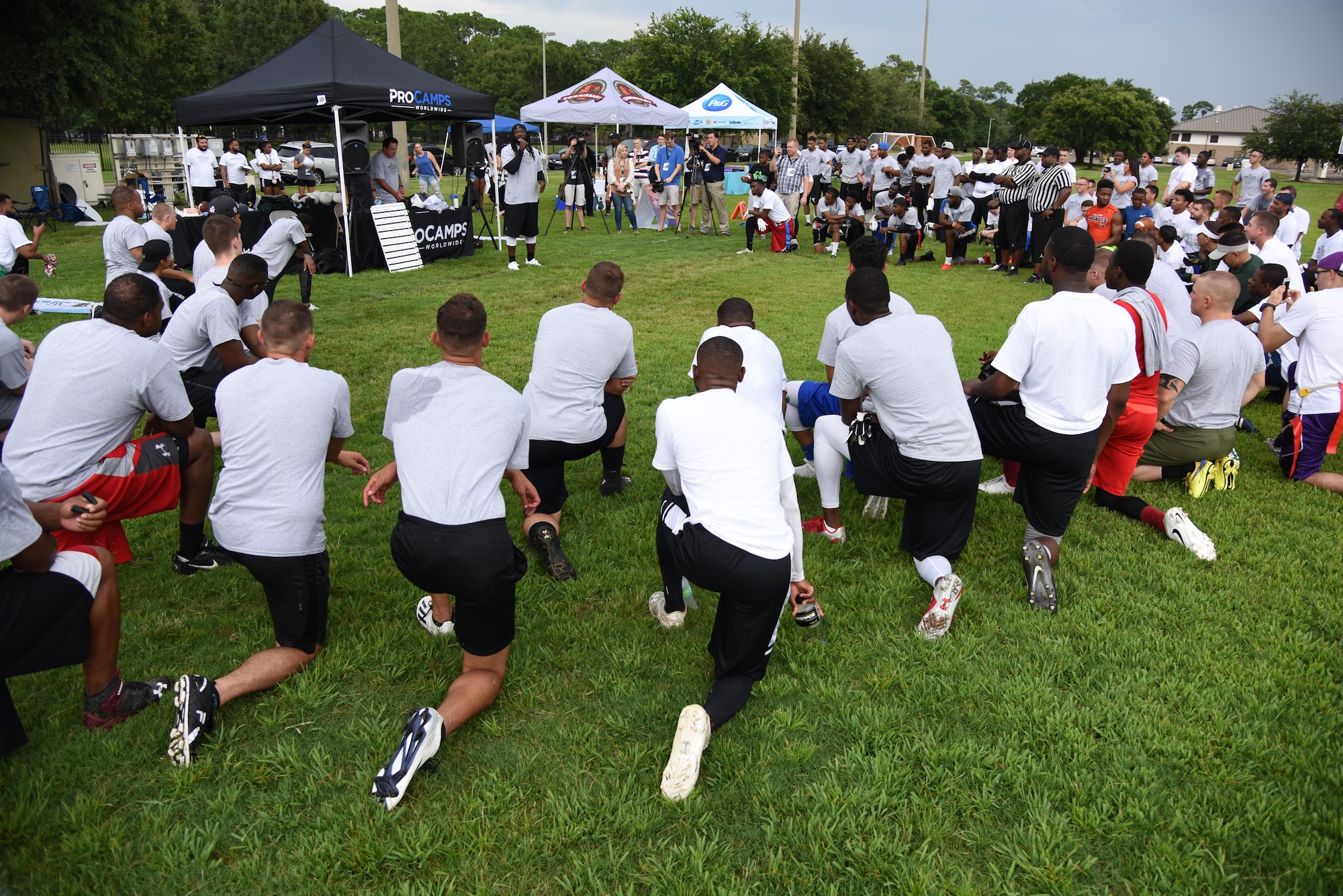 LeGarrette Blount, Philadelphia Eagles National Football League running back, delivers welcoming remarks during the P&G LeGarrette Blount 7x7 Football Championship July 8, 2017, on Keesler Air Force Base, Miss. Blount hosted the two-day camp consisting of 10 flag football teams from Keesler and the local community to promote the importance of living an active and healthy lifestyle. (U.S. Air Force photo by Kemberly Groue) 