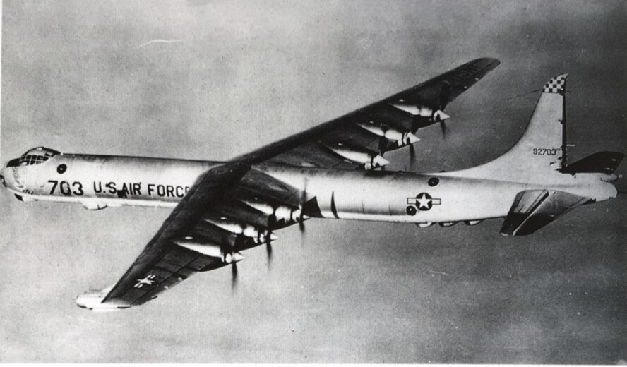 On July 11, 1955, a Convair RB-36 Peacemaker, commanded by Maj. William W. Deyerle assigned to the 347th Strategic Reconnaissance Squadron, 99th Strategic Reconnaissance Wing at Fairchild Air Force Base, Washington, lost a rudder approximately 30 miles from Denver, Colorado. The disabled RB-36 crew kept the airplane on an even flight path and decided the wide, long runway at Ellsworth Air Force Base, South Dakota, was the best location to attempt a landing. The airplane was taking up to about 21,000 feet on the way to EAFB, and at approximately 6:30 p.m.  two and a half hours after the rudder was lost, Deverle and Maj. William Thorstenson eased the 150-ton aircraft down for a landing. (Courtesy Photo)