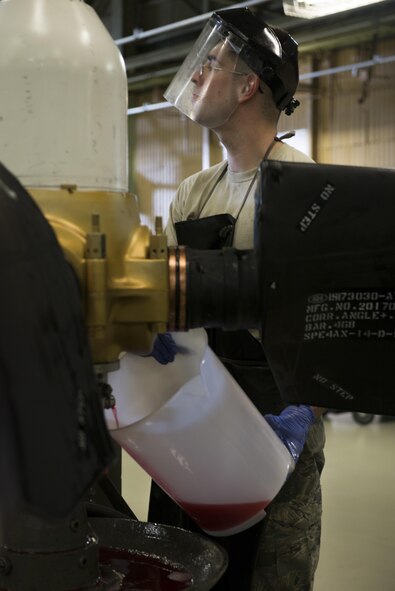 Senior Airman Jacob Lay, 374th Maintenance Squadron aerospace propulsion journeyman, performs a prop internal leakage check during MC-130 Talon II propeller testing, July 12, 2017, at Yokota Air Base, Japan. The propeller test is an important step to ensure all the blades are aligned and the hydraulic systems are calibrated together within the props central hub. (U.S. Air Force photo by Airman 1st Class Donald Hudson)
