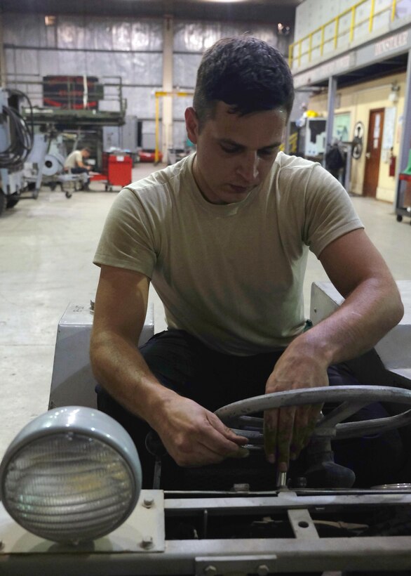 Staff Sgt. Bobby, 380th Expeditionary Maintenance Squadron aerospace ground equipment journeyman, repairs a lighting system July 12, 2017, at an undisclosed location in southwest Asia. Aerospace ground equipment specialists play a pivotal role in ensuring 380 AEW aircraft are flight ready. (U.S. Air Force photo by Senior Airman Preston Webb)