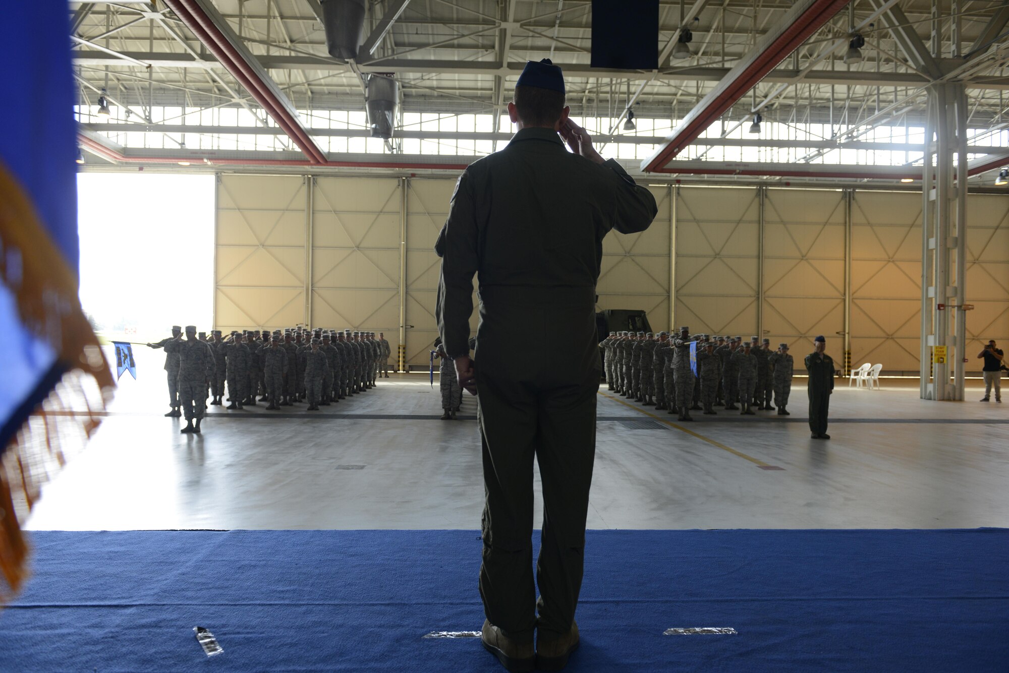 Col. Richard Nelson took command of the 31st Operations Group from Col. Craig Hollis during a change of command ceremony, July 10, 2017, at Aviano Air Base, Italy. Brig. Gen. Lance Landrum, 31st Fighter Wing commander, presided over the event. (U.S. Air Force photo by Tech. Sgt. Andrew Satran)