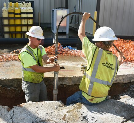 Contractors pressure test pipe at Anniston Army Depot, or ANAD. In 2014, ANAD and the Corps developed a master plan to overhaul the utilities there. The initial project was the Water Line Distribution Repair project that replaced 8-inch water line at a cost of more than $1 million. The project’s duration was 400 days. The next overhaul project was the Industrial Area Water and Sanitary Sewer project that replaced a significant amount of 8-inch water line and 8-inch gravity sewer. 