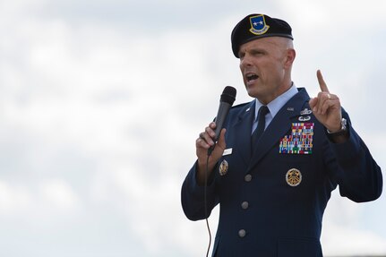 U.S. Air Force Brig. Gen. Bradley D. Spacy, Installation and Mission Support Center commander, addresses the airmen with the 343rd Training Squadron before a demonstration from the U.S. Air Force Honor Guard at Joint Base San Antonio-Lackland, Texas July 7, 2017. Spacy was the commander of the Honor Guard in Fresno, Calif.