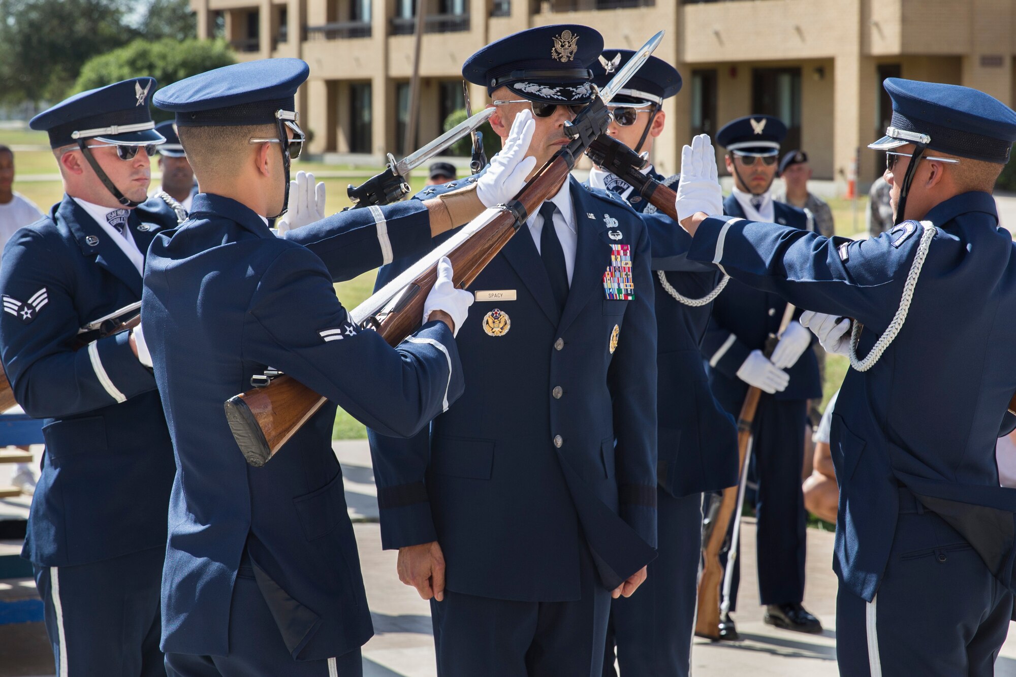 U.S. Air Force Honor Guard perform for airmen with the 343rd Training Squadron at Joint Base San Antonio-Lackland, Texas July 7, 2017. The honor guard embodies the Air Force Core Values through their precise movements, discipline and military professionalism. They are based from Washington, D.C. and led by Brig. Gen. Bradley D. Spacy, Installation and Mission Support Center commander.