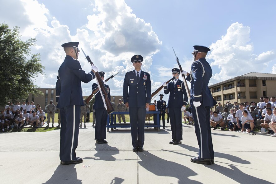 U.S. Air Force Honor Guard perform for airmen with the 343rd Training Squadron at Joint Base San Antonio-Lackland, Texas July 7, 2017. The honor guard embodies the Air Force Core Values through their precise movements, discipline and military professionalism. They are based from Washington, D.C. and led by Brig. Gen. Bradley D. Spacy, Installation and Mission Support Center commander. 