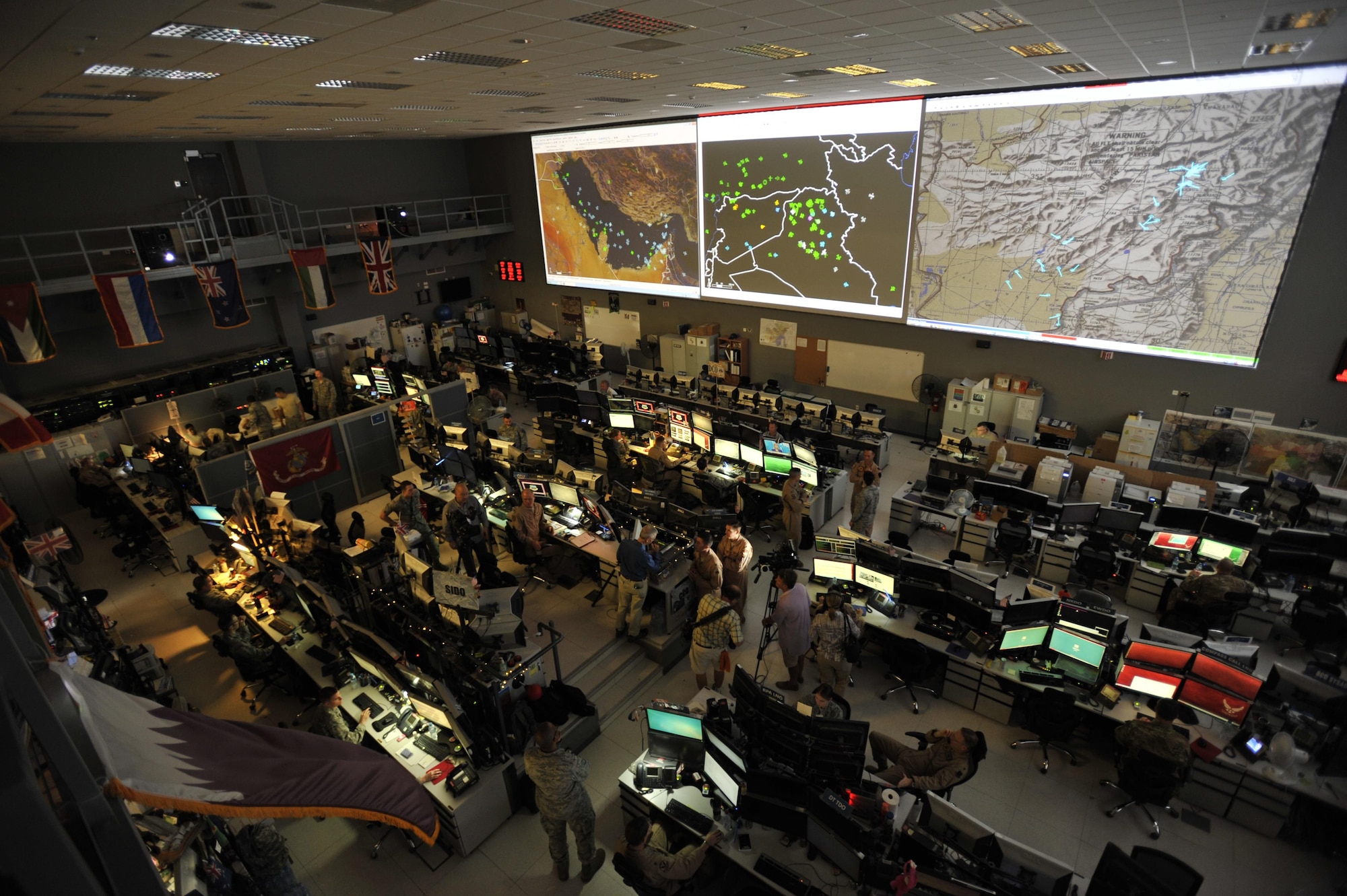 Combined Air Operations Center (CAOC) at Al Udeid Air Base, Qatar, provides command and control of air power throughout Iraq, Syria, Afghanistan, and 17 other nations. The CAOC, and more than 20 other Air Operations Centers throughout the world, rely on the Air Operations Center weapons system, managed, sustained and upgraded by the Air Force Life Cycle Management Center, Hanscom Air Force Base, Massachusetts.  (U.S. Air Force photo by Tech. Sgt. Joshua Strang)
