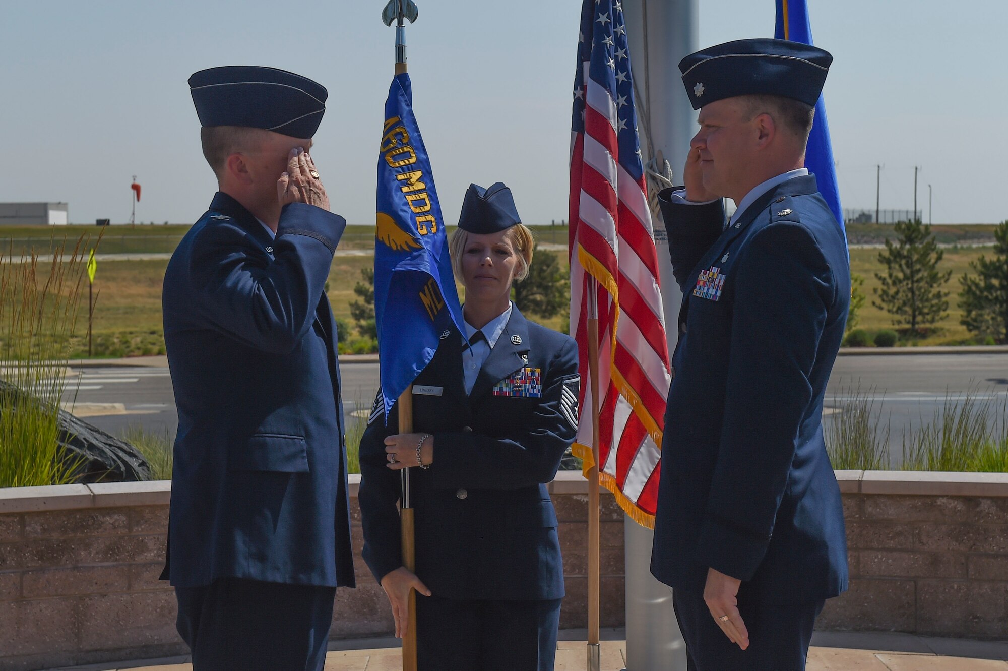 Lt. Col. Andrew Herman, 460th Medical Support Squadron incoming commander, renders his first salute to Col. Matthew Hanson, 460th Medical Group commander, July 7, 2017, on Buckley Air Force Base, Colo. The 460th MDSS provides all administration, information systems and communication, resource management, logistical and facility management, and readiness for the Buckley community. (U.S. Air Force photo by Senior Airman Luke Nowakowski/Released)
