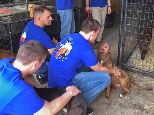 Volunteers from Laughlin Air Force Base, Tx., play with animals during an event at A Pet’s Wish animal shelter in Del Rio, Tx., April 1, 2017.  The volunteering hours and “Christmas in July” event are some of the many ways Laughlin’s Airmen give back to the local community. 