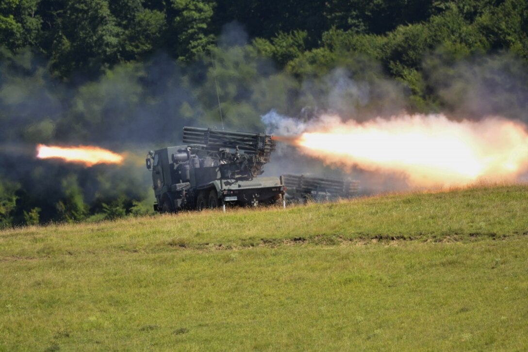 Romanian soldiers conduct a live-fire exercise in Subiu, Romania, July 10, 2017. Getica Saber 2017 is a U.S-led fire coordination exercise and combined arms live-fire exercise that incorporates six Allied and partner nations with more than 4,000 soldiers. Getica Saber 17 runs concurrent with Saber Guardian 17, a U.S. Army Europe-led, multinational exercise that spans across Bulgaria, Hungary and Romania with over 25,000 service members from 22 Allied and partner nations. Romanian Army photo by Nicusor Comanescu