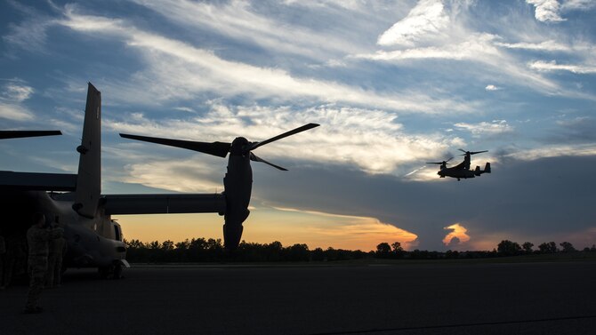 An 8th Special Operations Squadron CV-22 Osprey tiltrotor aircraft descends for a landing during Total Force Exercise 17-3 at Himsel Army Airfield, Ind., July 9, 2017. The Osprey is a versatile, self-deployable aircraft that offers increased speed and range over other rotary-wing aircraft, enabling Air Force Special Operations Command aircrews to execute long-range special operations missions, any time, any place. (U.S. Air Force photo by Airman 1st Class Joseph Pick)