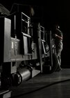 Airman 1st Class Dexter Perpose, 705th Munitions Squadron maintenance team member, walks beside a rotary launcher at Minot Air Force Base, N.D., June 30, 2017. The common strategic rotary launcher houses cruise missiles on the B-52H Stratofortress. (U.S. Air Force photo by Airman 1st Class Jessica Weissman)