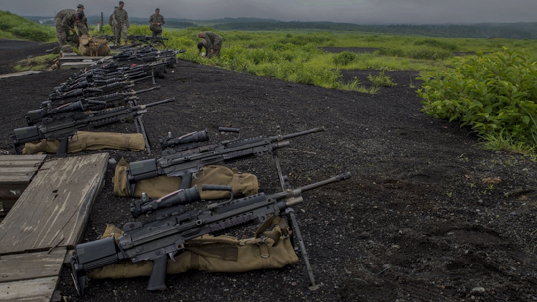 U.S. Marine Corps Pfc. Slade Wood, a cyber network operator with Marine Wing Support Squadron 171, based out of Marine Corps Air Station Iwakuni, shoots an M2 machine gun during phase two of Eagle Wrath 2017 at Combined Arms Training Center Camp Fuji, Japan, July 6, 2017. Phase two consisted of conducting live-fire training exercises to give MWSS-171 the knowledge and confidence to utilize weapons systems effectively in a deployed environment. 