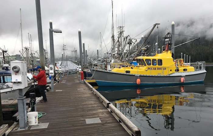 Gerhard Hahn performs a planimetric location survey of a dock at North Harbor in Petersburg, Alaska on June 12, 2017.
