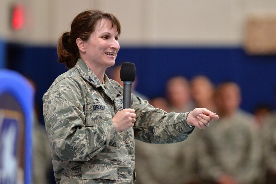 Col. Jennifer Grant, 50th Space Wing commander, introduces herself to Airmen at her first all-call as commander at Schriever Air Force Base, Colorado, Friday, July 7, 2017. Grant took the opportunity to explain who she is and laid the groundwork for her next couple of months as commander. (U.S. Air Force photo/Dennis Rogers)