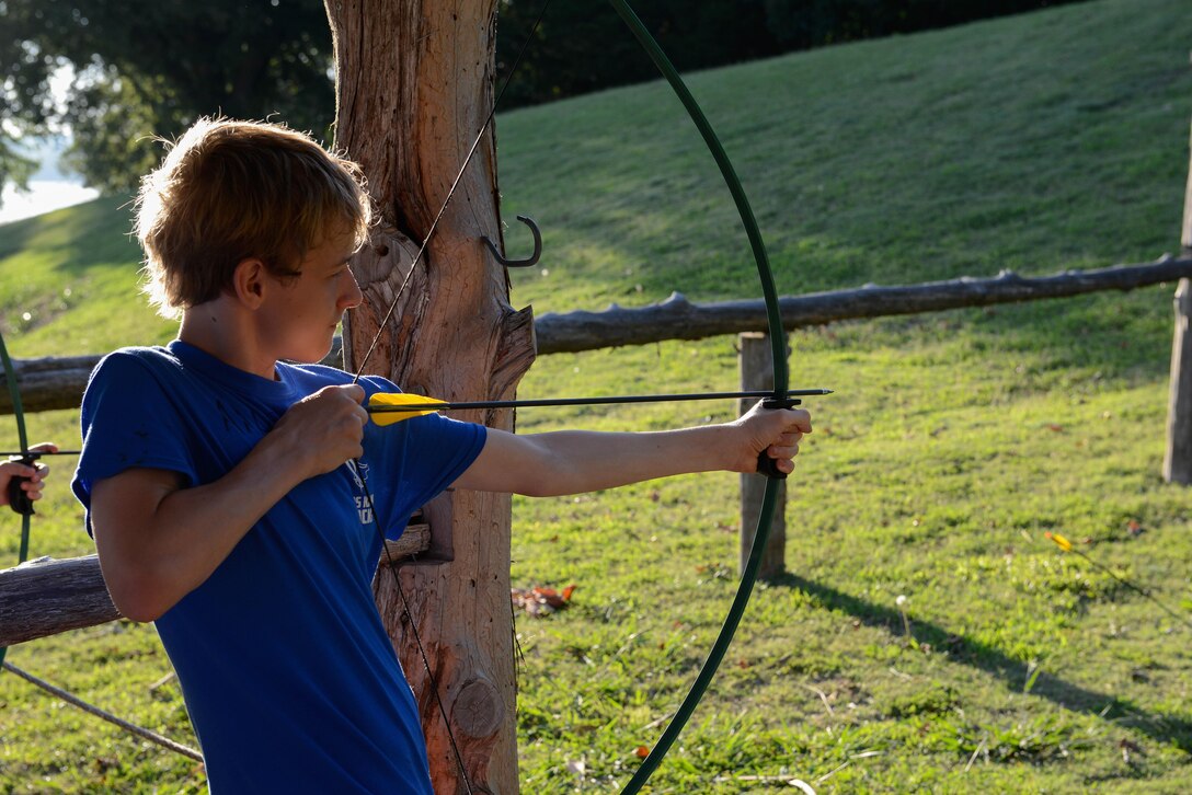 Twelve-year-old Aaron Nix, of Midwest City, Okla., lines up a shot during an archery activity at the 21st annual Oklahoma National Guard Kids Kamp at Camp Victory in Mannford, Okla., July 6, 2017. Kids Kamp is coordinated by the Oklahoma National Guard Family Program Office with the help of more than 30 volunteers and serves military children with parents serving in the Oklahoma Army and Air National Guard. Oklahoma Air National Guard photo by Air Force Senior Master Sgt. Andrew M. LaMoreaux