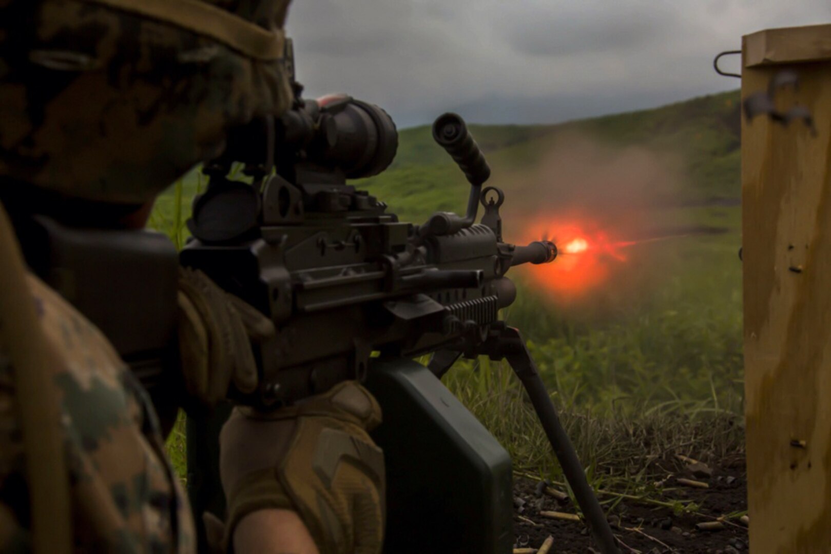 A U.S. Marine with Marine Wing Support Squadron (MWSS) 171, based out of Marine Corps Air Station Iwakuni, shoots an M240B machine gun during phase two of Eagle Wrath 2017 at Combined Arms Training Center Camp Fuji, Japan, July, 5, 2017. Phase two consisted of conducting live-fire training exercises to give MWSS-171 the knowledge and confidence to utilize weapons systems effectively in a deployed environment. 

