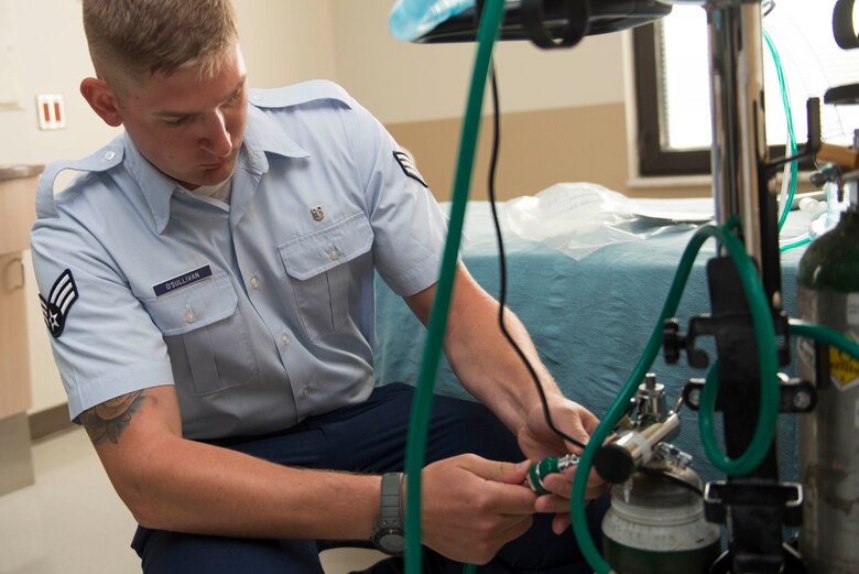 Senior Airman Joshua O’Sullivan, a respiratory therapist from the 88th Medical Group, Wright-Patterson Air Force Base, has been named to the 10th volume of the Air Force’s Portraits in Courage, an annual program that highlights individual Airmen and teams for their honor, valor, devotion and selfless sacrifice in the face of extreme danger to themselves and others. O’Sullivan was attached to a Critical Care Air Transportation Team at Bagram Airfield, Afghanistan, on Nov. 12, 2016, when an explosion near his quarters critically injured military personnel. A trained medic, O’Sullivan raced to the scene to render aid. For what he accomplished that day as he treated the wounded and mustered support from other responders to get the victims to the hospital, he has been recognized by the Air Force. (U.S. Air Force photo/Wesley Farnsworth)(U.S. Air Force photo/Wesley Farnsworth)