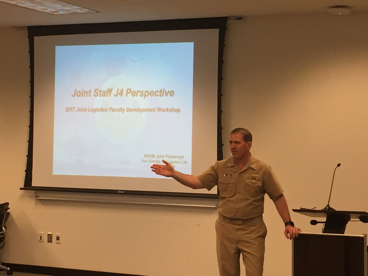 Navy Rear Admiral John P. Polowczyk, Joint Staff Vice Director for Logistics, provides the Joint Staff J4's perspectives on meeting national security challenges during the 2017 Joint Logistics Faculty Development Workshop.