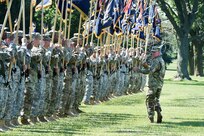 Command Sgt. Maj. Vernon I. Perry III, Command Sergeant Major, 85th Support Command, walks along his formation, representing the command’s 46 Army Reserve battalions, making adjustments prior to the relinquishment of command ceremony for Brig. Gen. Frederick R. Maiocco Jr., Commanding General, 85th Support Command. Maiocco served as the commanding general for three years, while working full time as a superintendent of a school district in Oregon. 
(U.S. Army photo by Sgt. Aaron Berogan/Released)