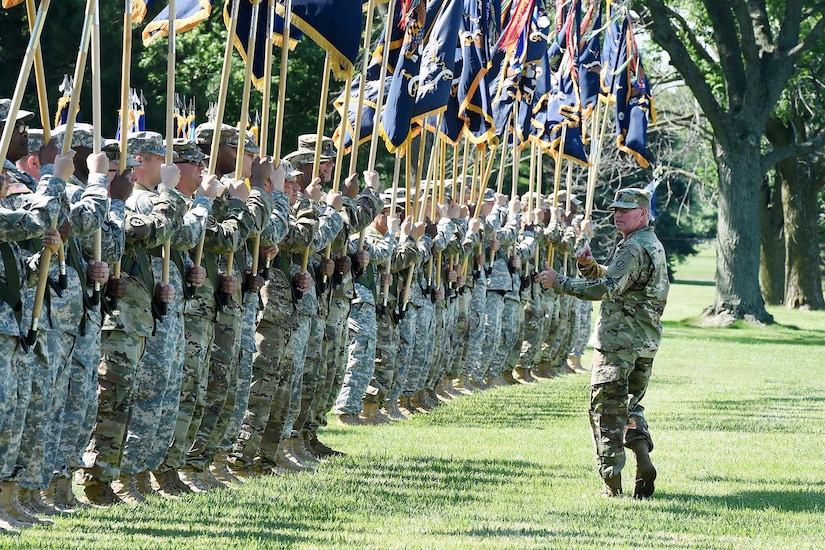 Command Sgt. Maj. Vernon I. Perry III, Command Sergeant Major, 85th Support Command, walks along his formation, representing the command’s 46 Army Reserve battalions, making adjustments prior to the relinquishment of command ceremony for Brig. Gen. Frederick R. Maiocco Jr., Commanding General, 85th Support Command. Maiocco served as the commanding general for three years, while working full time as a superintendent of a school district in Oregon. 
(U.S. Army photo by Sgt. Aaron Berogan/Released)