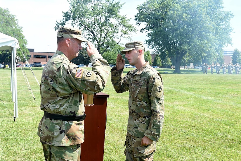 Brig. Gen. Frederick R. Maiocco Jr., Commanding General, 85th Support Command, receives a 105mm round casing resembling those fired from the Howitzer cannons, saluting his relinquishment of command on June 9, 2017 in Arlington Heights, Illinois. The salute battery is assigned to the Illinois National Guard’s 2nd Battalion, 122nd Field Artillery Regiment, 33rd Brigade Combat Team. Maiocco served as the 85th Support Command’s commanding general for three years.
(U.S. Army photo by Sgt. Aaron Berogan/Released)