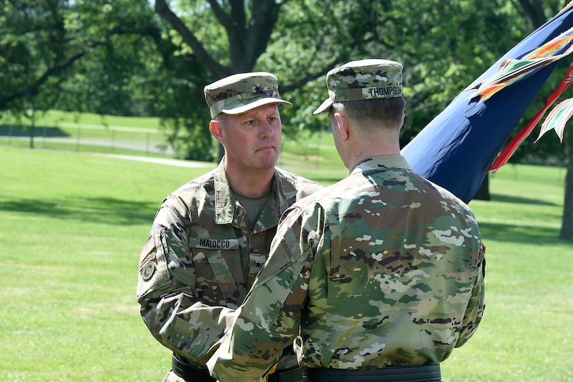 Army Reserve Brig. Gen. Frederick R. Maiocco Jr., left, Commanding General, 85th Support Command, gives the 85th Support Command’s colors to Maj. Gen. Tracy A. Thompson, Deputy Commanding General, United States Army Reserve, during the 85th Support Command’s relinquishment of command ceremony on June 9, 2017 in Arlington Heights, Illinois. The passing of the colors is a symbolic tradition dating back to the 18th century representing the transfer of authority and responsibility.
(U.S. Army photo by Sgt. Aaron Berogan/Released)