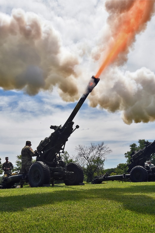 A howitzer cannon fires off a blank round to salute Brig. Gen. Frederick R. Maiocco Jr., Commanding General, 85th Support Command, during the 85th Support Command’s relinquishment of command ceremony on June 9, 2019 in Arlington Heights, Illinois. Maiocco served there from August 1, 2014 to July 9, 2017. Maiocco will be moving on to take command of the 7th Mission Support Command in Germany. The new commander for the 85th SPT CMD is expected to take assumption of the unit in September.
(U.S. Army photo by Sgt. Aaron Berogan/Released)