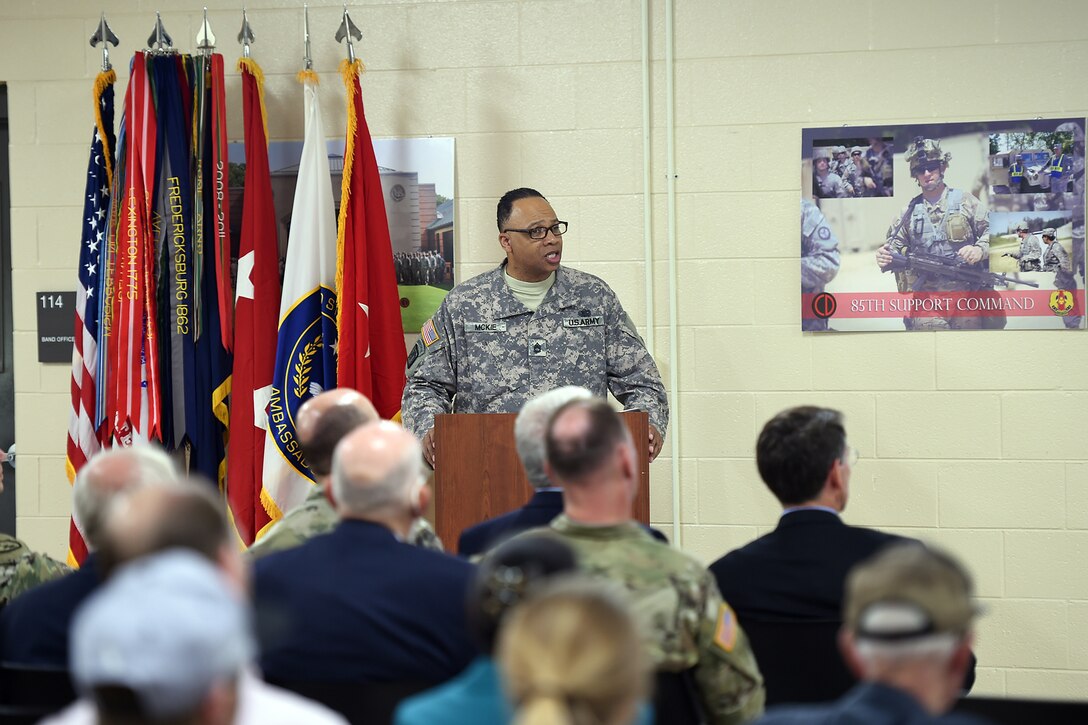 Sgt. First Class Reynaldo McKie, Senior Staff Movement NCO, 85th Support Command, speaks during a celebration at the 85th Support Command’s 100th anniversary on June 9, 2017 in Arlington Heights, Illinois. The unit was first formed during World War I, and later participated in campaigns during World War II. The 85th Infantry Division, at the time, lost more than 7,000 casualties and had four Medal of Honor recipients. Their names are currently etched onto the unit’s command coin today.
(U.S. Army photo by Sgt. Aaron Berogan/Released)
