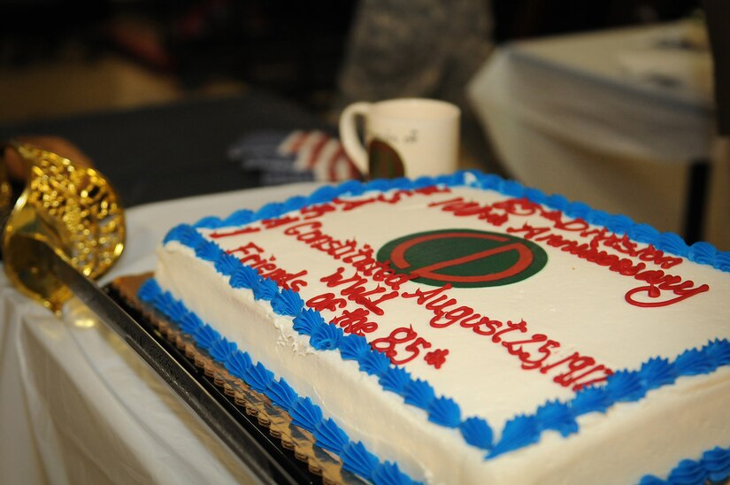 A celebratory cake for the centennial anniversary of the 85th Support Command sits with a saber waiting to be cut on June 9, 2017 at Arlington Heights, Illinois. The unit is noted by many to have a very storied past dating back to World War I when it was first formed as the 85th Infantry Division at Camp Custer, Michigan. The unit celebrated its 100th anniversary in conjunction with the relinquishment of command for Brig. Gen. Frederick R. Maiocco Jr., Commanding General, 85th Support Command. Maiocco served three years as the commander of the 85th Support Command.
(U.S. Army photo by Spc. Nicole Nicolas/Released)