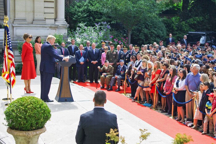 President Donald J. Trump delivers remarks to service members and veterans on the eve of Bastille Day in Paris, July 13, 2017. The U.S. will lead the Bastille Day parade this year to commemorate the centennial of the U.S. entry into World War I, as well as the long-standing partnership between France and the United States. DoD photo by Navy Petty Officer 2nd Class Dominique A. Pineiro