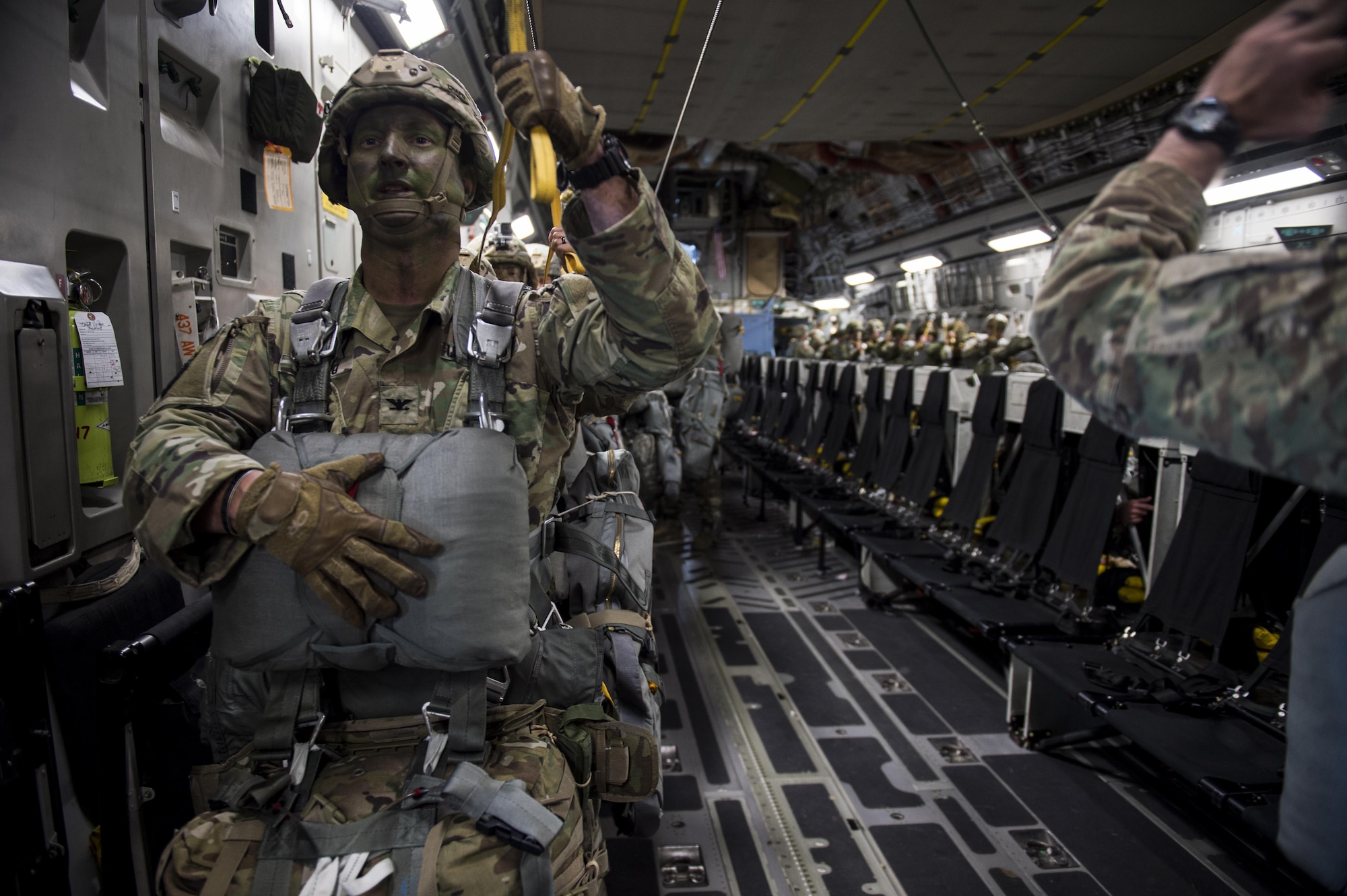 U.S. Army Col. Jeffrey Crapo, ground forces commander, 4th Brigade, 25th Infantry division waits to jump from a U.S. Air Force C-17 Globemaster III July 12, 2017 to airdrop in support of Exercise Talisman Saber 2017. The purpose of TS17 is to improve U.S.-Australian combat readiness, increase interoperability, maximize combined training opportunities and conduct maritime prepositioning and logistics operations in the Pacific. TS17 also demonstrates U.S. commitment to its key ally and the overarching security framework in the Indo Asian Pacific region.