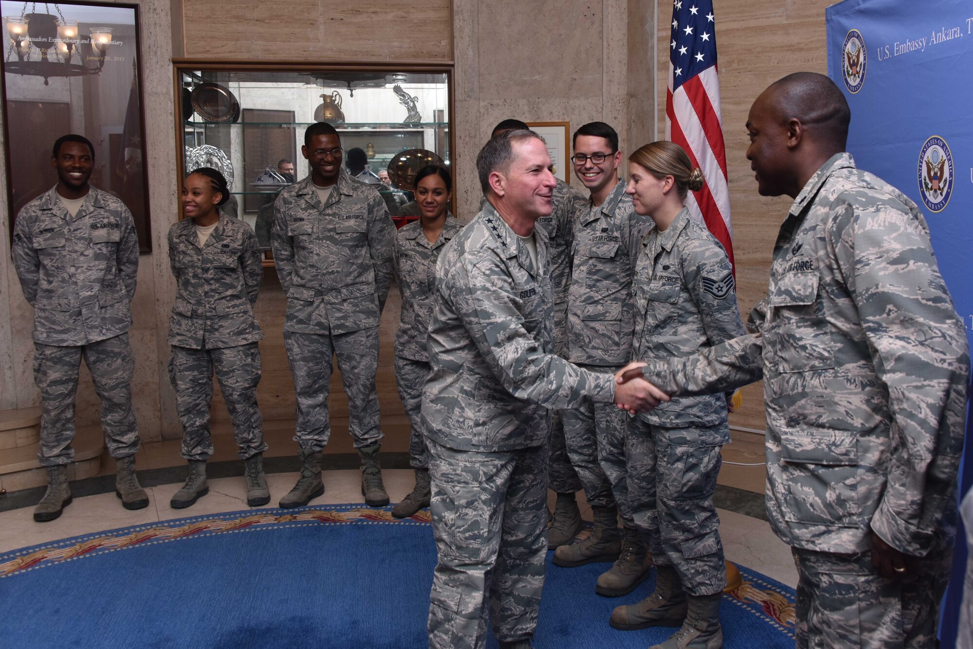 U.S. Air Force Chief of Staff Gen. David L. Goldfein meets Lt. Col. Christopher Floyd, 717th Air Base Squadron commander, July 12, 2017, at the 717th ABS headquarters in Ankara, Turkey. Goldfein conducted a site visit, and met with the Airmen as part of an official visit. Airmen of the 717th ABS provide support to the U.S. Embassy and the Ankara military community including the Office of Defense Cooperation-Turkey and NATO Center of Excellence-Defense against Terrorism. (U.S. Air Force courtesy photo)