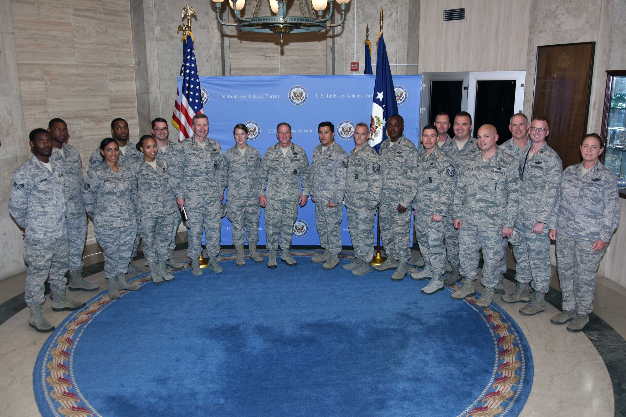U.S. Air Force Chief of Staff Gen. David L. Goldfein (center), gathers with a group of Airmen from the 717th Air Base Squadron July 11, 2017, during an official visit to Ankara, Turkey. Airmen of the 717th ABS provide support to the U.S. Embassy and the Ankara military community including the Office of Defense Cooperation-Turkey and NATO Center of Excellence-Defense against Terrorism. (U.S. Air Force courtesy photo)