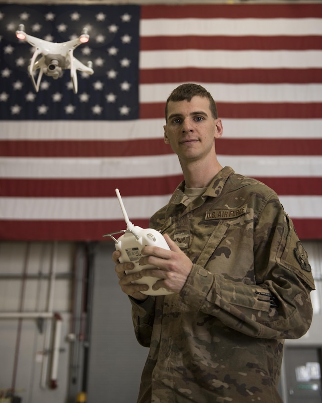 Senior Airman Justin Steward is a defender with the 455th Expeditionary Security Forces Squadron. To counter the challenges that unmanned aircraft systems pose on the battlefield, the team is training to pilot and use the drones, so enemy tactics can be replicated and used to train coalition forces on how to react to them. Steward is deployed out of Dyess Air Force Base, Texas, and is a native of Berkeley Springs, West Virginia. (U.S. Air Force photo by Staff Sgt. Benjamin Gonsier)