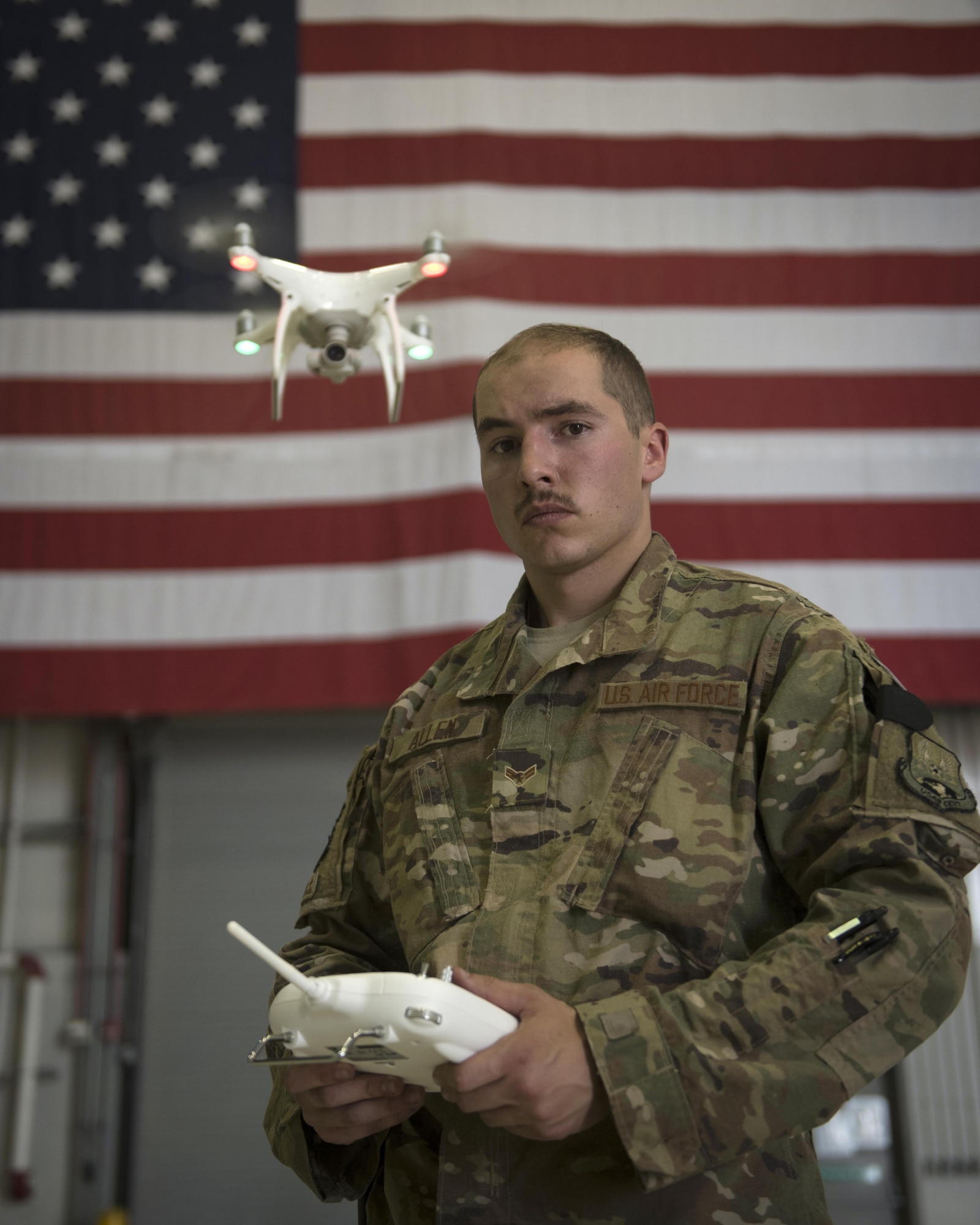 Airman 1st Class Elijah Allen is a defender with the 455th Expeditionary Security Forces Squadron. To counter the challenges that unmanned aircraft systems pose on the battlefield, the team is training to pilot and use the drones, so enemy tactics can be replicated and used to train coalition forces on how to react to them. Allen is deployed out of Joint Base Charleston, South Carolina, and is a native of Hortonville, Wisconsin. (U.S. Air Force photo by Staff Sgt. Benjamin Gonsier) 