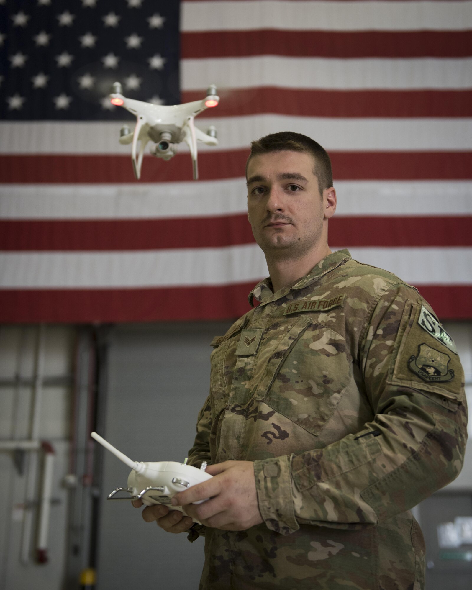 Senior Airman Christopher Gallman is a defender with the 455th Expeditionary Security Forces Squadron. To counter the challenges that unmanned aircraft systems pose on the battlefield, the team is training to pilot and use the drones, so enemy tactics can be replicated and used to train coalition forces on how to react to them. Gallman is deployed out of Dyess Air Force Base, Texas, and is a native of Elgin, Illinois. (U.S. Air Force photo by Staff Sgt. Benjamin Gonsier) 