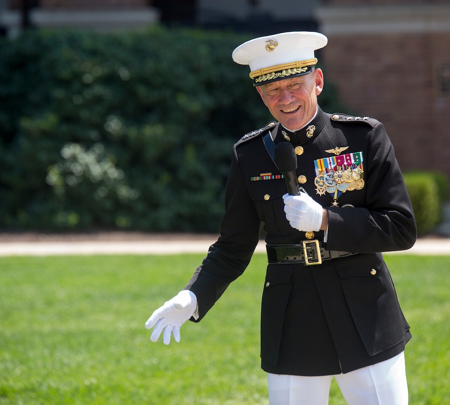 Lieutenant Gen. Jon M. Davis, deputy commandant, Aviation, delivers his remarks during his retirement ceremony at Marine Barracks Washington D.C., July 10, 2017. Davis is retiring after 37 years of service and will be replaced by Lt. Gen. Steve Rudder. (Official Marine Corps photo by Cpl. Robert Knapp/ Released)