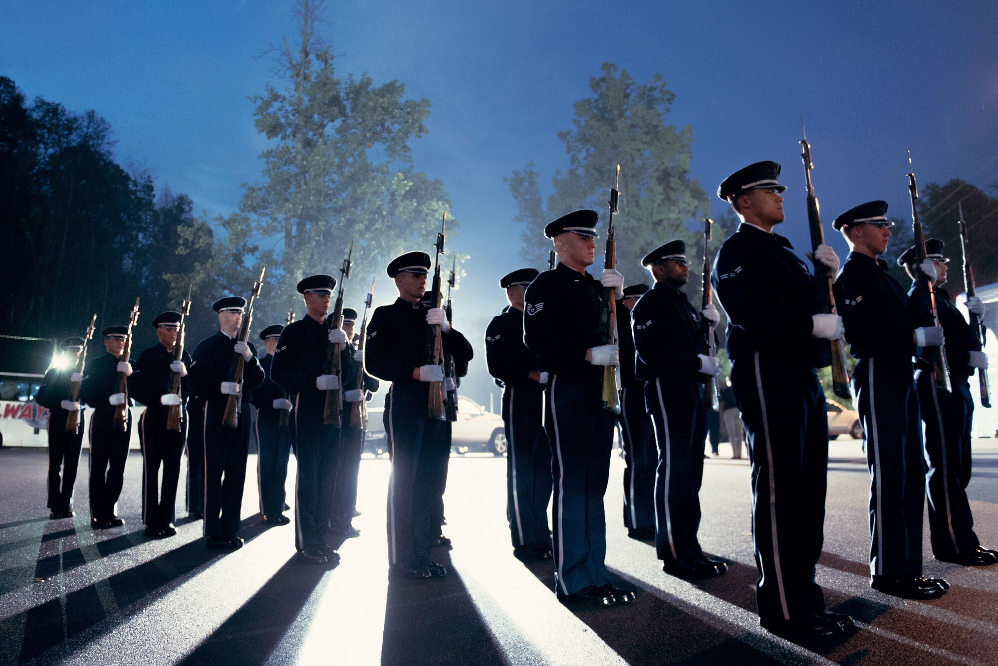 Members of the U.S. Air Force Honor Guard practice drill movements prior to marching in the Gatlinburg Independence Day Parade in Gatlinburg, Tenn., July 3, 2017. The parade kicked off at 12:01 a.m., making it the first Independence Day parade in the nation. (U.S. Air Force photo/Senior Airman Delano Scott)