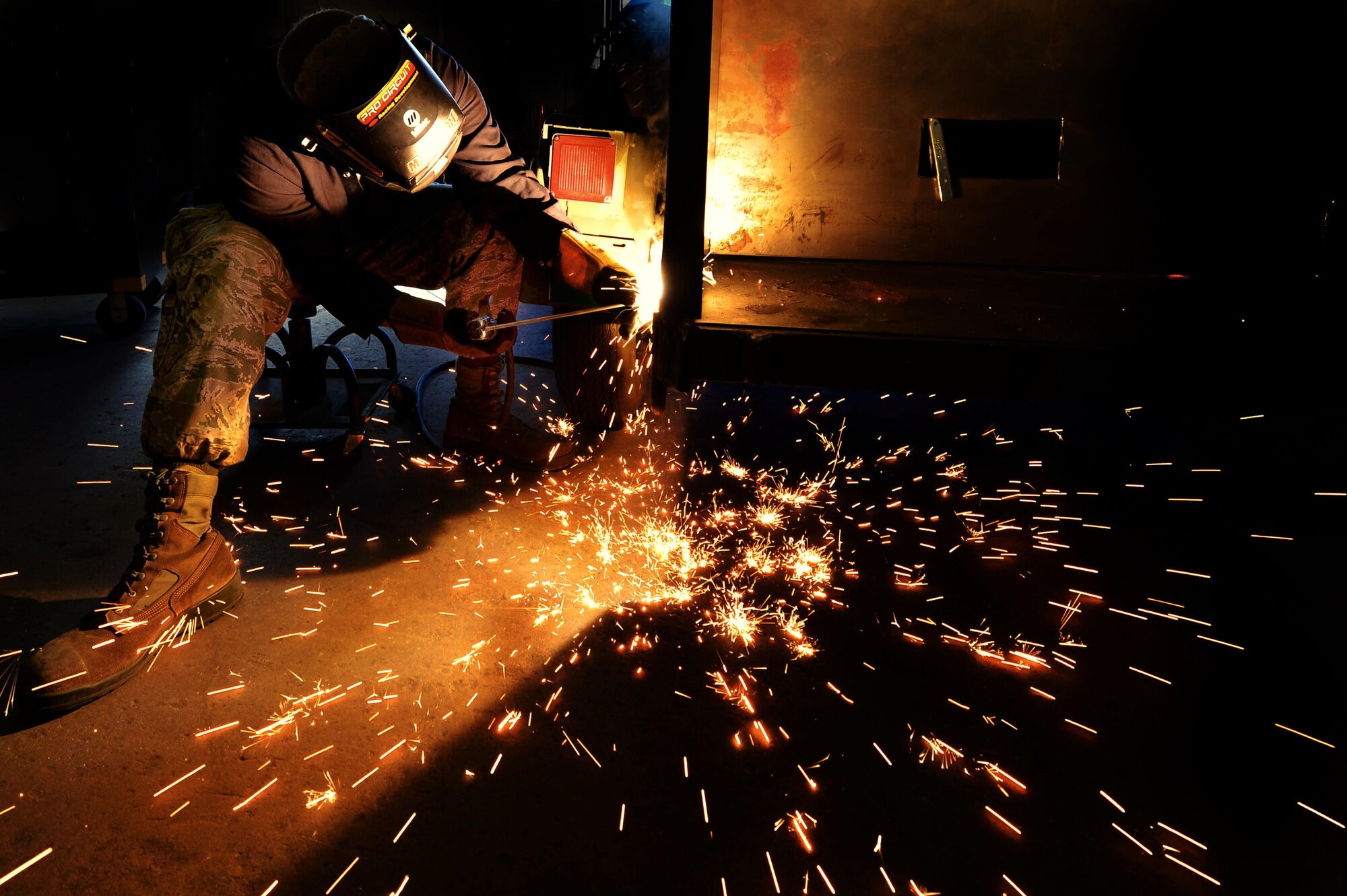 Staff Sgt. Patrick Peck, a 20th Equipment Maintenance Squadron aircraft metals technology journeyman, welds a portable deployment trailer at Shaw Air Force Base, S.C., July 7, 2017. Airmen assigned to the 20th EMS metals technology lab ensure equipment entering the lab meets all safety and structure specifications prior to the parts being returned to the providing unit. (U.S. Air Force photo/Senior Airman Christopher Maldonado)