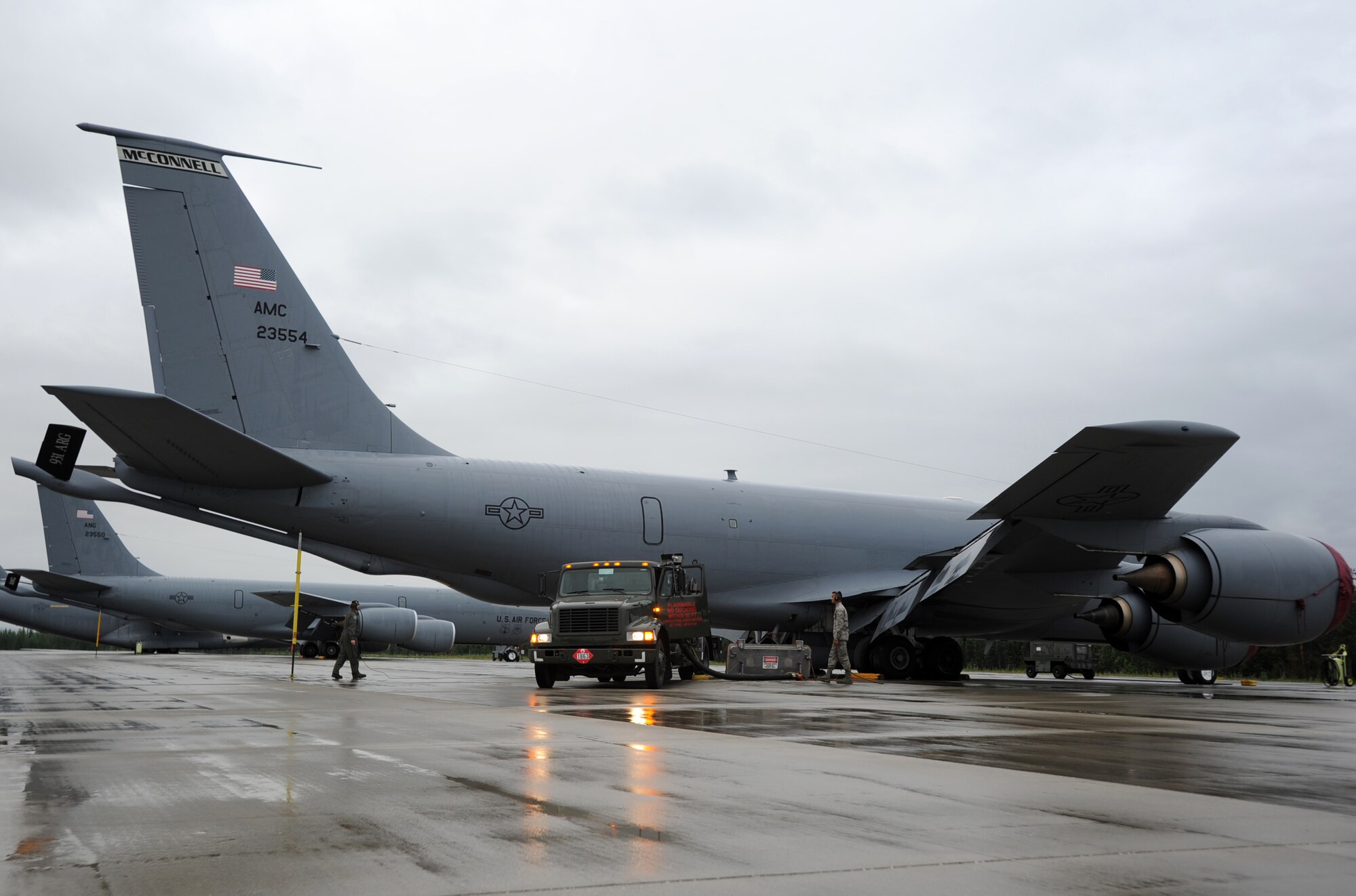 A KC-135 Stratotanker assigned to McConnell Air Force Base, Kan., receives fuel as part of pre-flight checks, July 11, 2017, at Eielson Air Force Base, Ala. Before any KC-135 takes part in a mission, logistic readiness and maintenance Airmen work together to ensure the tanker has enough fuel to accomplish aerial refueling. (U.S. Air Force photos/Staff Sgt. Rachel Waller)