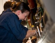Staff Sgt. Lindsay Hallford, 86th Maintenance Squadron aerospace propulsion craftsman, inspects a C-130J Super Hercules engine for wear and tear at the 86th MXS Isochronal Dock on Ramstein Air Base, Germany, July 12, 2017. The personnel who support the Isochronal Dock come from specialties such as repair and reclamation, aircraft structural maintenance, aircraft metals technology, nondestructive inspection, aerospace propulsion, communication and navigation systems, and guidance and control systems. (U.S. Air Force photo by Senior Airman Elizabeth Baker)