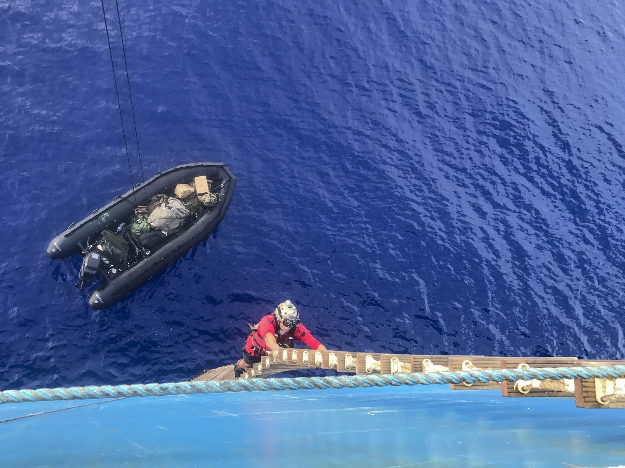 Guardian Angel Airmen from the 920th Rescue Wing were part of a concerted rescue effort that rescued two German citizens in distress at sea July 7-8, 2017. The victim's vessel caught fire approximately 500 nautical miles off the east coast of southern Florida. At the request of the Coast Guard's Seventh District in Miami, the 920th RQW was alerted by the Air Force Rescue Coordination Center at Tyndall Air Force Base, Fla., to assist in the long-range search and rescue. Approximately 80 Airmen and four wing aircraft helped execute the rescue mission including maintenance, operations and support personnel. (U.S. Air Force photo/Maj. Cathleen Snow)