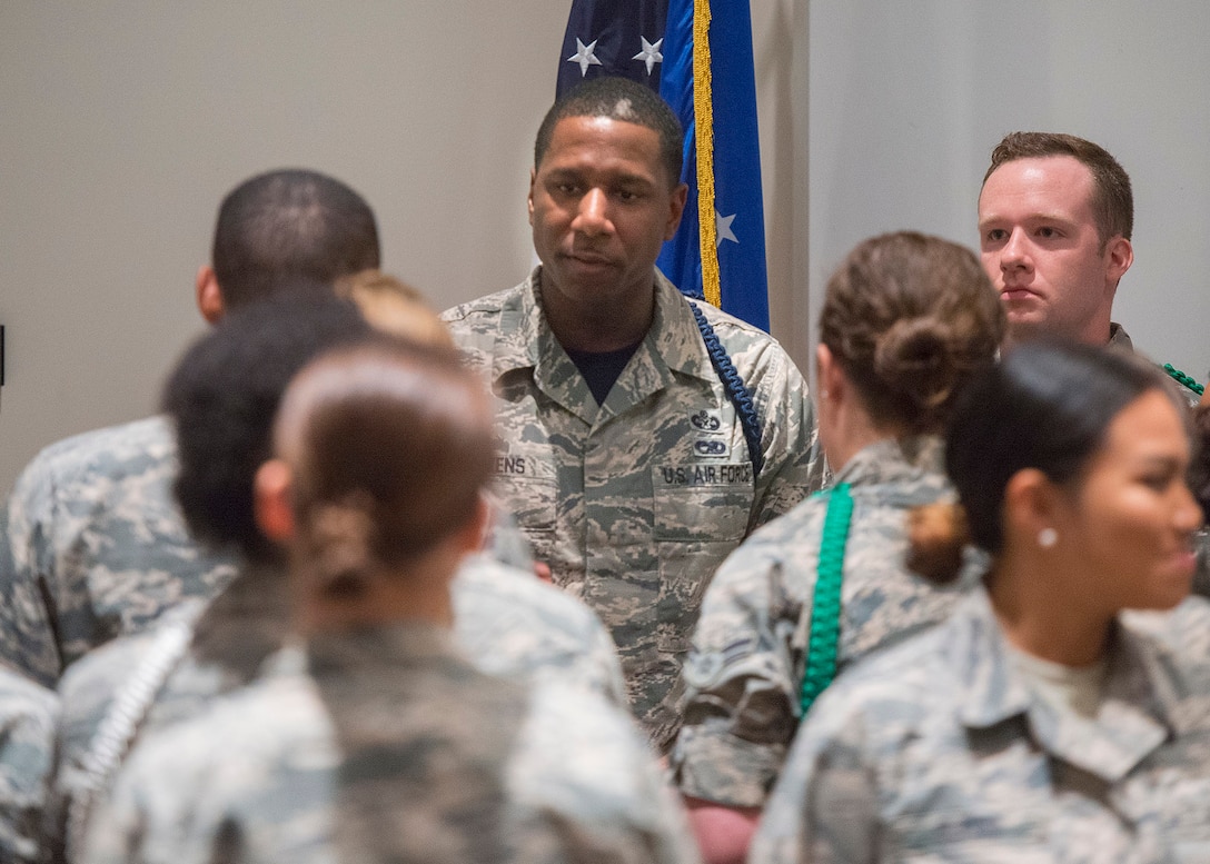 Master Sgt. Michael J. Stevens, United States Air Force School of Aerospace Medicine Military Training Flight chief, talks with a group of students on Wright-Patterson Air Force Base, Ohio, July 7, 2017. Stevens, was named as one of the Air Force’s 12 Outstanding Airmen of the Year. (U.S. Air Force photo by R.J. Oriez)