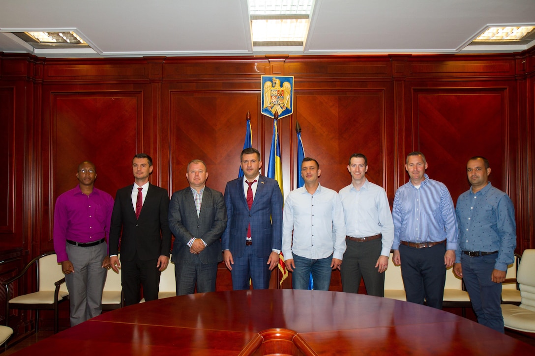 Soldiers from Alpha Company, 443rd Civil Affairs Battalion (CA BN), meet with the newly appointed Prefect of Constanța County, Ioan Albu, during a civil affairs engagement in Constanța, Romania, July 14, 2017. 443rd CA BN is working under 361st Civil Affairs Brigade who oversees the largest participation of civil affairs units to date during exercise Saber Guardian, July 11-22, 2017 (U.S. Army photo by Capt. Jeku Arce, 221st Public Affairs Detachment).