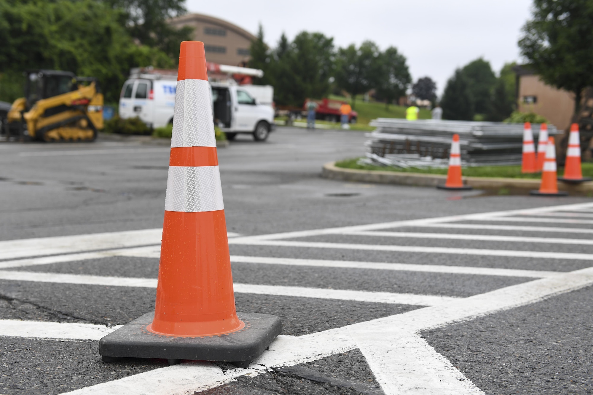 A cone blocks the 911th Airlift Wing Fitness Center parking lot entrance at the Pittsburgh International Airport Air Reserve Station, Pa. The lot is blocked off as part of a parking lot expansion project, which will add 145 new parking spots to the fitness center parking lot including two handicapped spots. (U.S. Air Force photo by Senior Airman Beth Kobily)