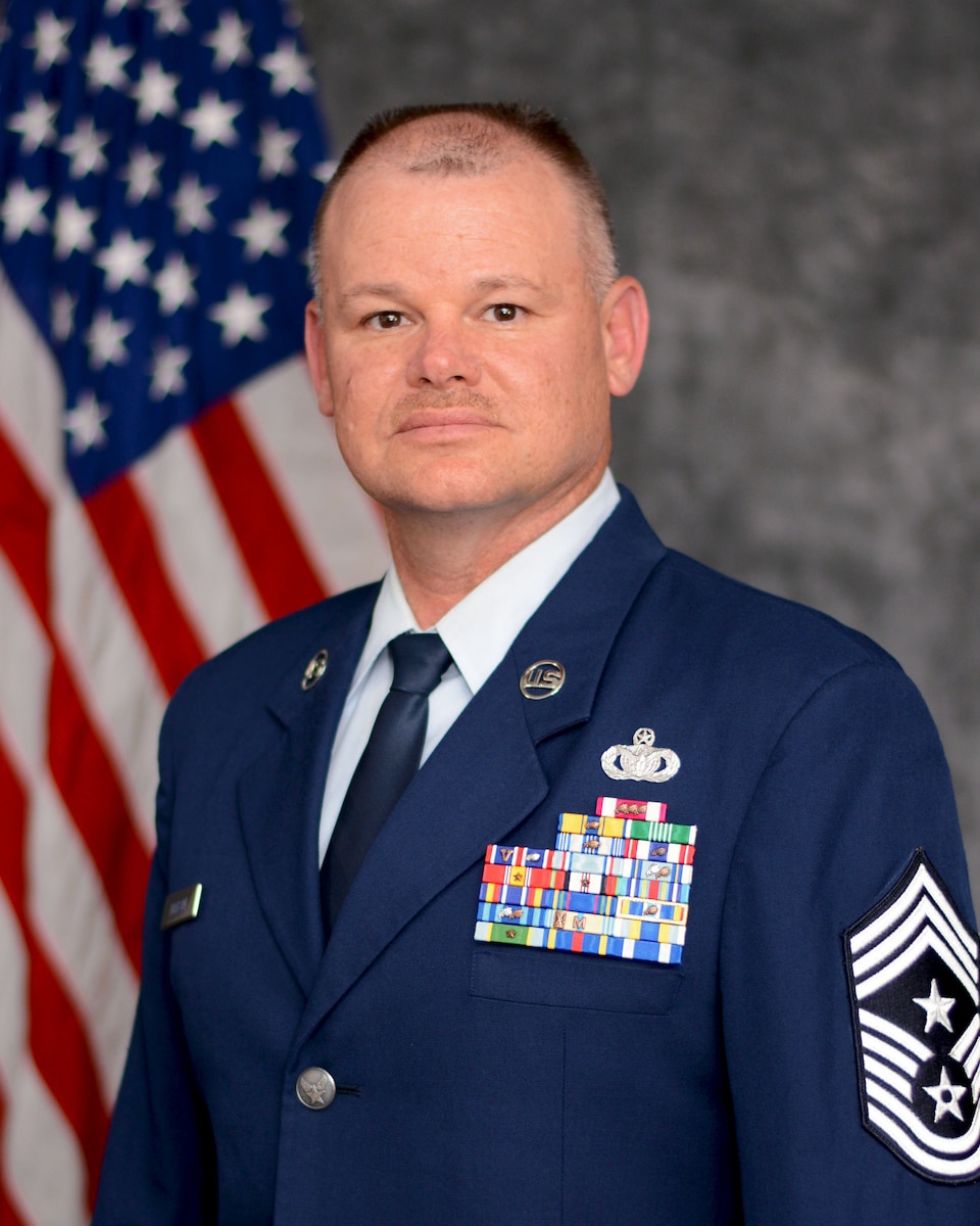 Chief Master Sgt. David B. Dickson, 507th Air Refueling Wing command chief, sits for an official photo July 13, 2017, Tinker Air Force Base, Okla. (U.S. Air Force photo/Tech. Sgt. Lauren Gleason)