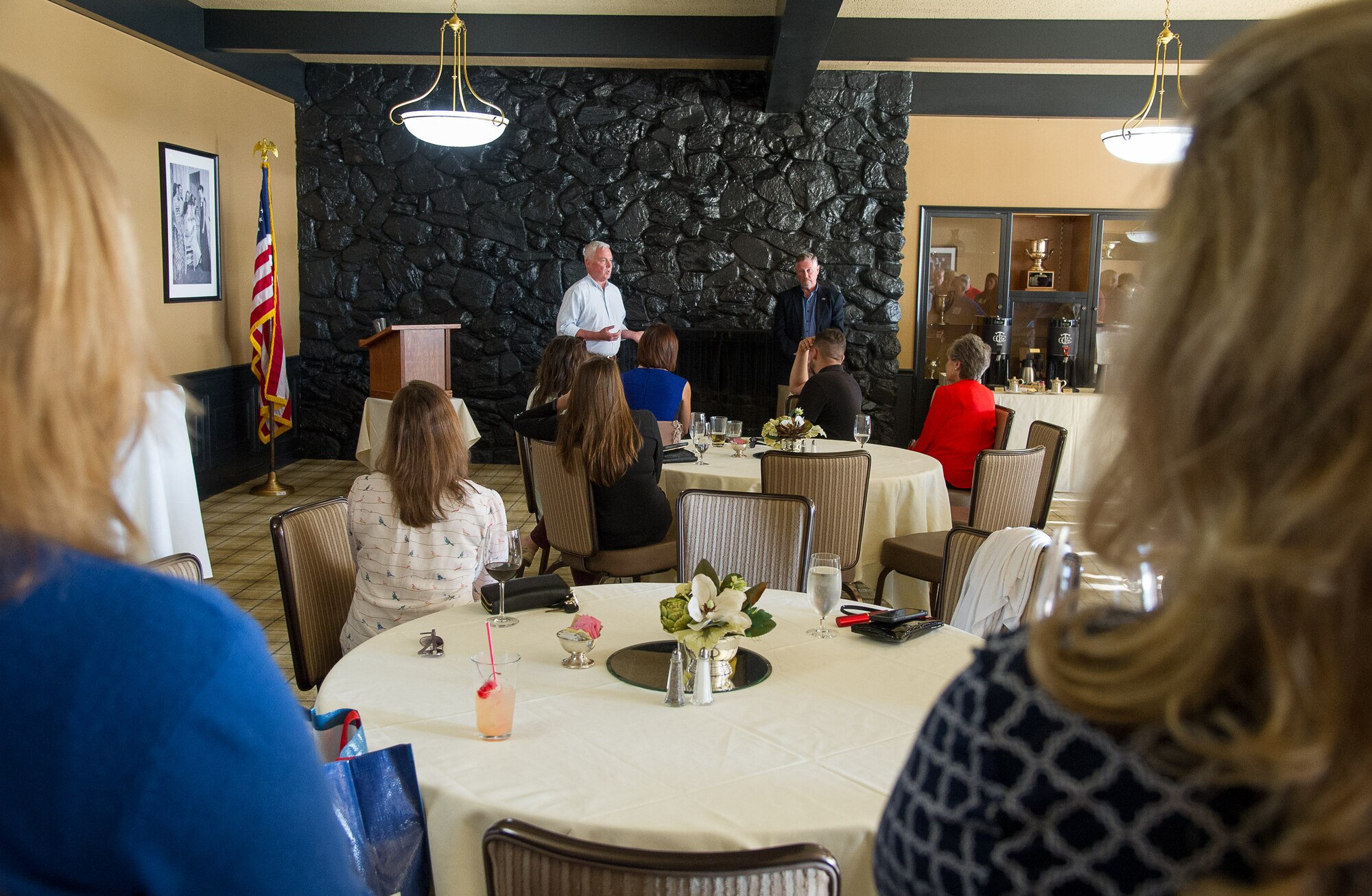 Col. Scott L. McLaughlin, 446th Airlift Wing commander, welcomes civic leaders from both Georgia and Washington during the Pierce Military and Business Alliance civic leader dinner at the Tacoma Country and Golf Club July 11. PMBA supports the JBLM community by financially contributing to moral, welfare, readiness, and retention efforts. (U.S. Air Force photo by David L. Yost)