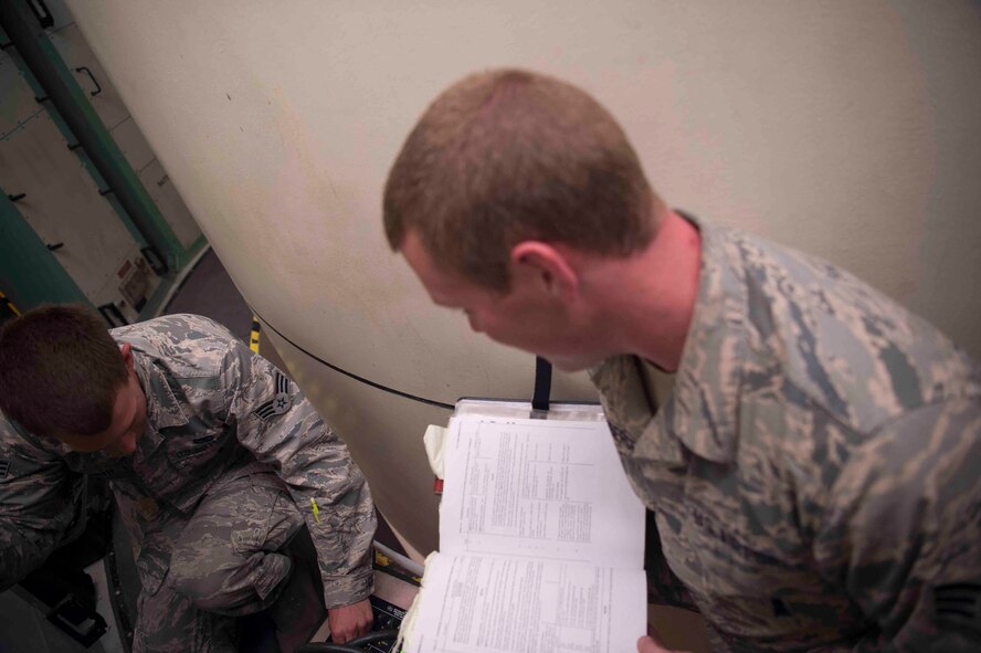 Senior Airman Logan Hershberger, 90th Missile Maintenance Squadron electromechanical team chief, and Senior Airman Kevin Wherth, EMT technician, prepare for code change operations in the 90th Missile Wing missile complex, June 20, 2017. The cryptographic codes, which exist at the launch control centers and the launch facilities, allows the two locations to communicate securely with one another, hindering our adversaries’ attempts to intercept the messages. Code change ensures the safety, security and effectiveness of America’s ICBM arsenal, which is the bedrock of nuclear deterrence. (U.S. Air Force photo by Staff Sgt. Christopher Ruano)