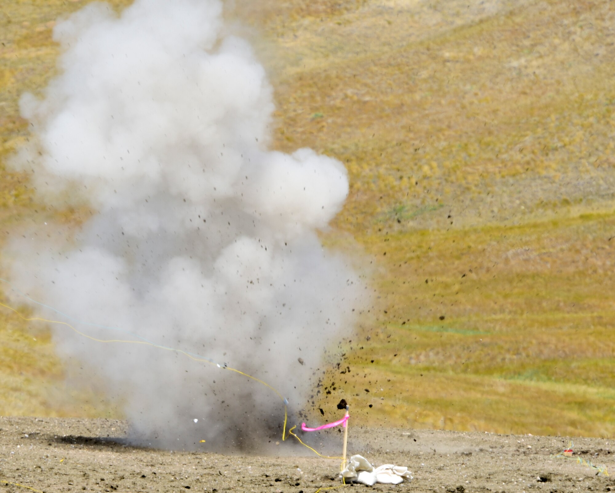 A homemade explosive detonates during a National Improvised Explosive Familiarization course at Ellsworth Air Force Base, S.D., July 12, 2017. The three-day, FBI-led, joint exercise taught 28th Civil Engineer Squadron Explosive Ordinance Disposal Airmen, along with other law enforcement agencies, how to create and recognize Homemade Explosives. (U.S. Air Force photo by Airman 1st Class Randahl J. Jenson)