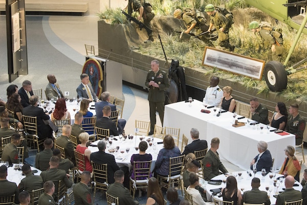 Marine Corps Gen. Joseph F. Dunford Jr., chairman of the Joint Chiefs of Staff, delivers remarks during the 100th Anniversary Mess Night of the 2nd Battalion, 6th Marine Regiment, a battalion he commanded from 1996 to 1998, at the National Marine Corps Museum in Quantica, Va., July 7, 2017. During the event, Dunford posthumously awarded the Silver Star Medal to the family of Marine Cpl. Albert Gettings, who died of wounds sustained due to enemy small-arms fire while conducting combat operations in Fallujah, Iraq in 2006.